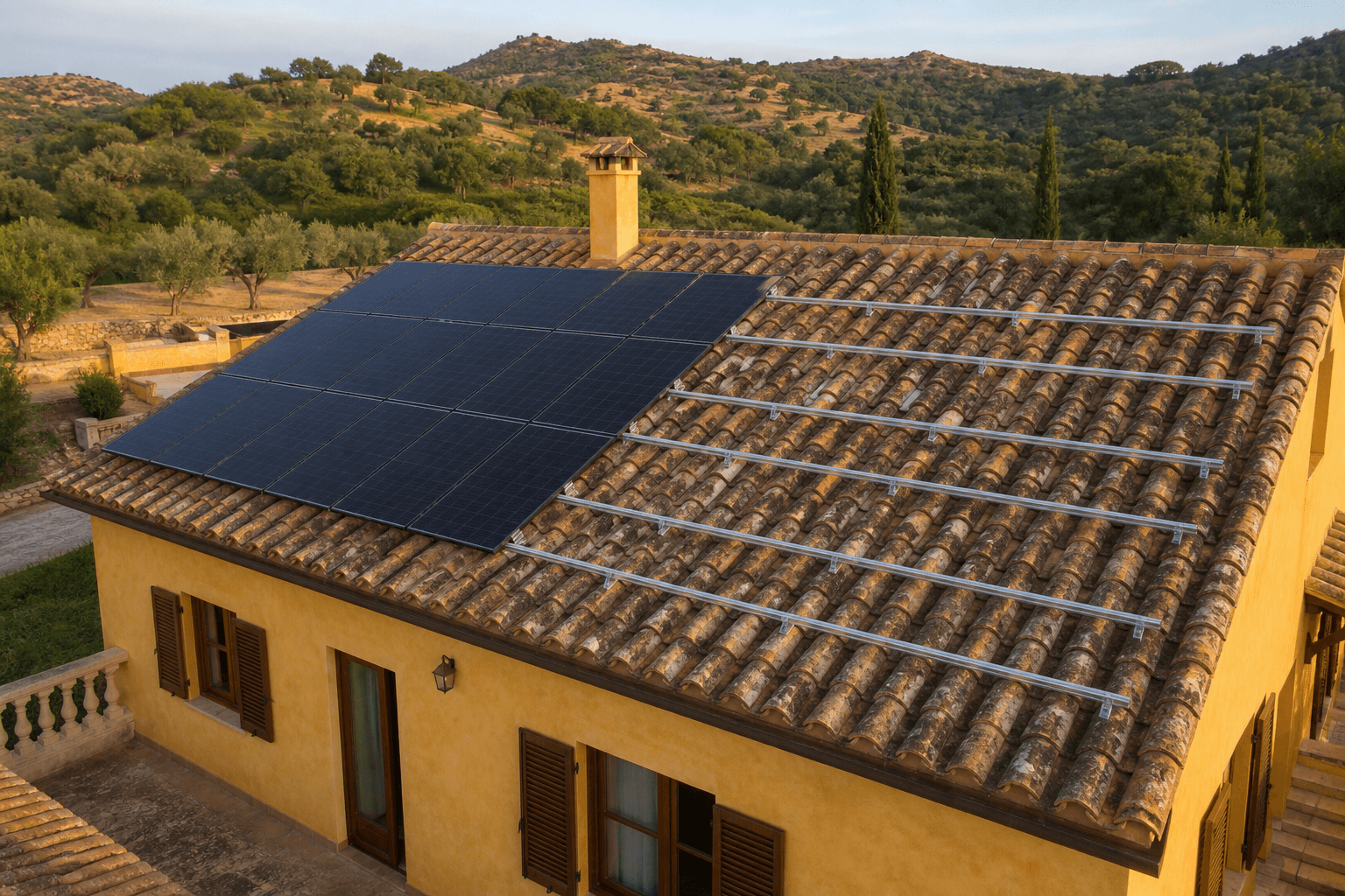 Solar installation in progress on a traditional Spanish finca roof, with mounting rails and half the panels fitted
